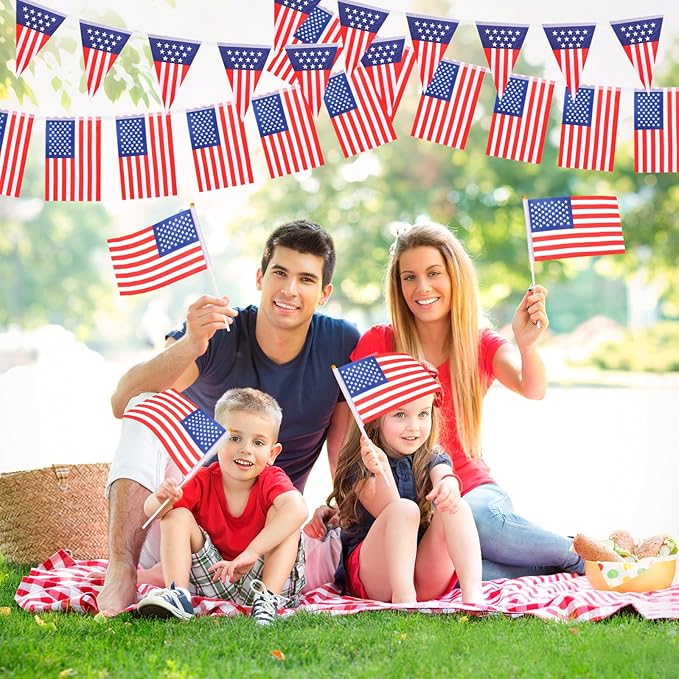 HOWAF 4th of July Decorations, American Flag Banner Patriotic Bunting USA Garland and 20 Small American Flags On Stick for July 4th Decor Fourth of July Independence Memorial Day Party Supplies