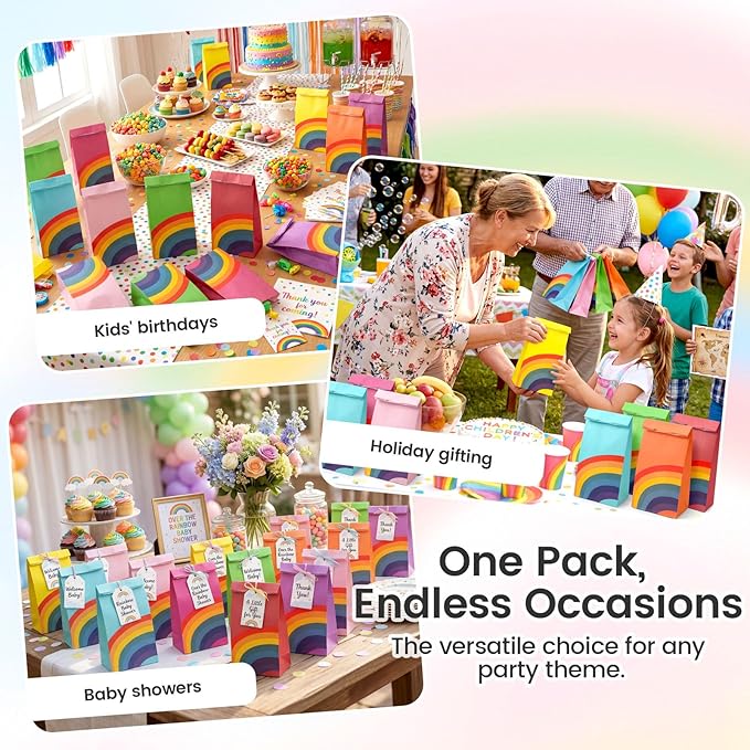 LovesTown 36 Pack Party Favor Bags, 4.8 x 3 x 8.7 Inch Rainbow Paper Bags 8 Colors, for Kids Christmas Birthdays Baby Showers Party Supplies