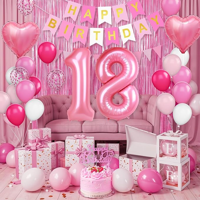 18th Birthday Decorations for Girls,Hot Pink 18th Birthday Balloons with Happy Birthday Banner Fringe Curtain Heart Foil Balloons for 18 Year Old Birthday Decor