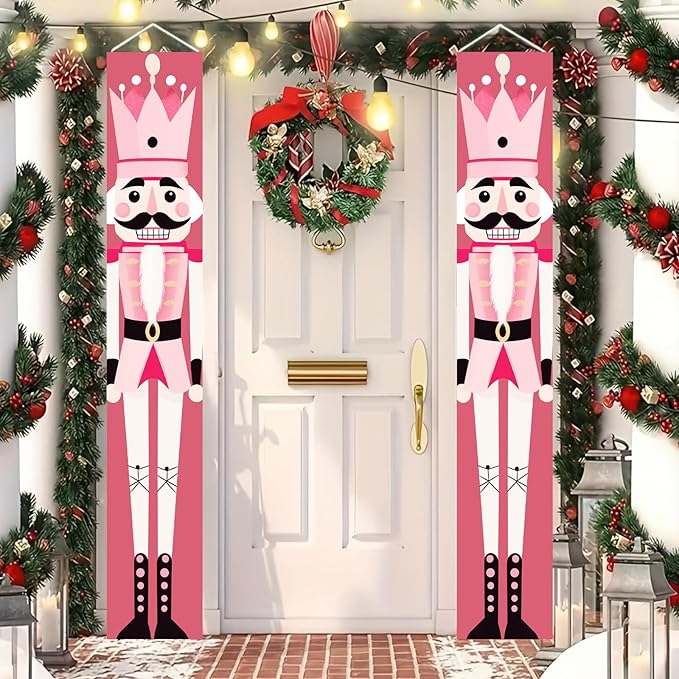 Christmas Nutcracker Door Banner Pink Soldier Porch Sign Holiday Wall Hanging Decoration Outdoor Home Decor Seasonal Entryway Porch Sign Christmas Winter Front Door Display