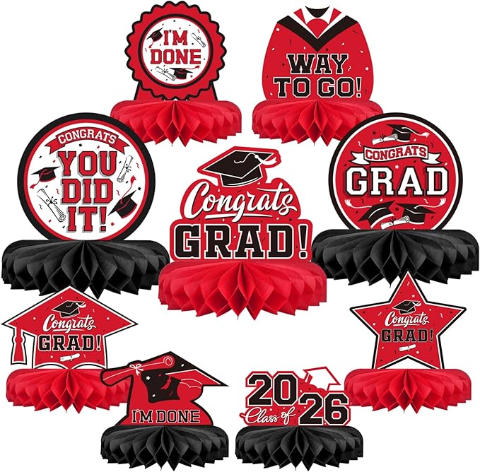 9PCS Graduation Decorations 2026 Congrats Grad Table Centerpiece Congratulate Graduation Honeycomb Table Toppers for Graduation Party Supplies(Red,Black）