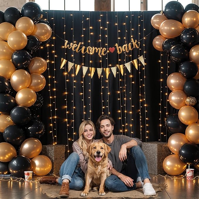 20x10FT Black Backdrop Curtains with Lights for Parties,Wrinkle Free Wedding Photo Backdrop Curtains for Baby Shower Birthday Ceremony Reception Home Party Decorations-5ft x 10ft,4 Panels