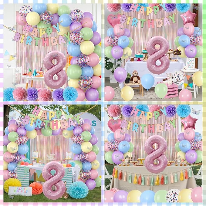 Pastel 8th Birthday Party Decorations for Girls Number 8 Balloon Happy Birthday Banner Butterfly Stickers Fringe Curtain Paper Pom Poms Macaron Pink Star Heart Foil Colorful Balloons 8 Year Old Decor