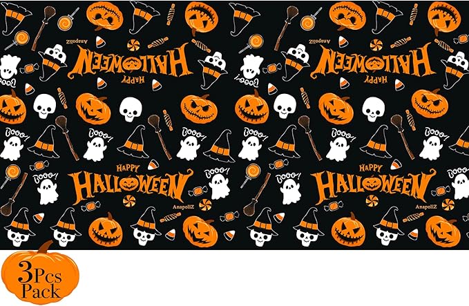 AnapoliZ Halloween Plastic Tablecloth | 3 Pcs Pack (54' x 102') | Rectangular Table Cover | Pumpkin, Witches Decoration | Party Tablecover