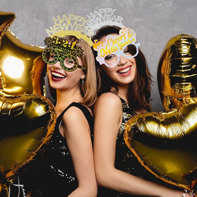 HOWAF 36 Pcs New Year Eve Party Supplies 2026, New Years Hats Headband Cone Hats Glitter Paper Eyeglasses Noise Makers White Gold New Years Decorations 2026 for NYE Party Favor Accessories