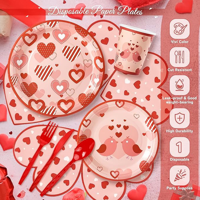 168PCS Red Love Heart Party Supplies for Valentines,Galentines Disposable Paper Plates Napkins Cups Cutlery for 24 Guest,Love Party Tableware for Anniversary Wedding Engagement Birthday Baby Shower