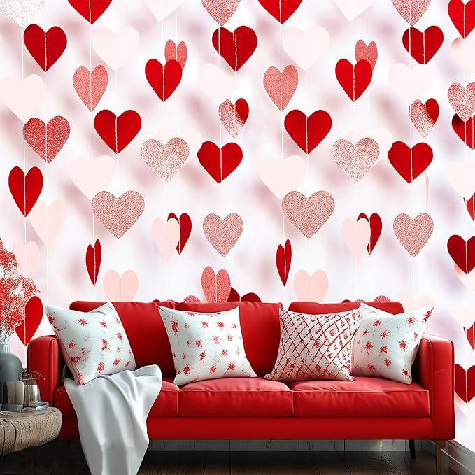 Valentines Day Decorations,Rose Gold Pink and Red Party Decorations Garland - 52Ft -Pack of 4-Heart Paper Streamers Banner for Valentines Mothers Day Bachelorette Bridal Shower Engagement Wedding