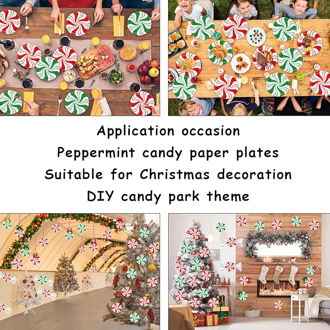 80Pcs Christmas Peppermint Paper Plates Christmas Disposable Dessert Plates 7inch Candy Mint Happy New Year Holiday Xmas Party Supplies Red and Green Striped Disposable Paper Dinnerware Decorations