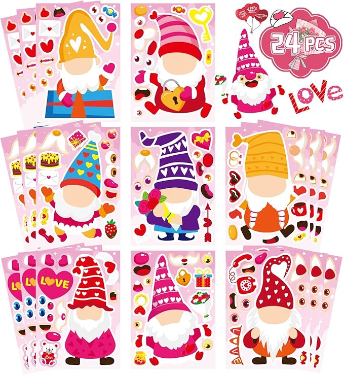 24 Sheets Valentine Stickers for Kids Make a face Sticker, Valentines Day Stickers Make Your Own Valentine Gnome Stickers Valentine' s Day Themed Party Favors Supplies