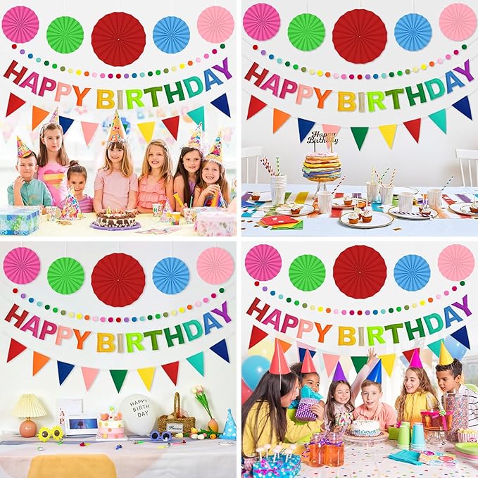 Pre-Strung Happy Birthday Banner, Reusable Felt Birthday Party Decorations, 3D Effect Happy Birthday Sign with Felt Ball Garland, Pennant Flag, Hanging Paper Fans for Men Women Boy Girls (Rainbow)