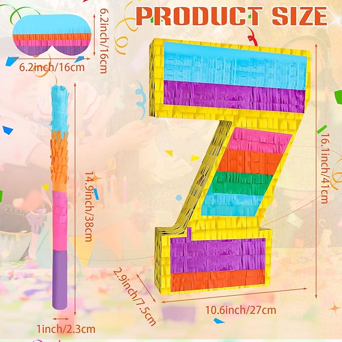 Rainbow Number 7 Pinata Birthday Decorations for Kids, Rainbow Pinata with Bat Stick Blindfold for Boys Girls 7th Birthday Celebrations Baby Shower Party Supplies (16.1x10.6x2.9 Inches)