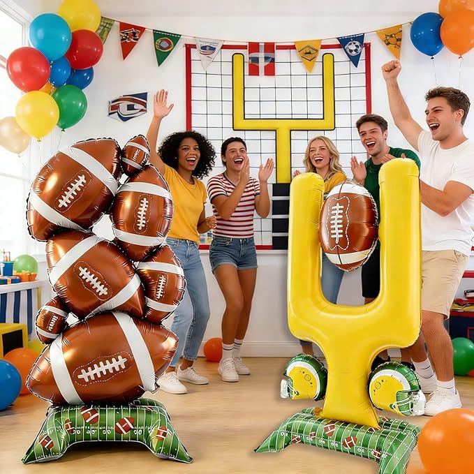 2-Piece Football Party Decoration Set - 5 ft Large Self Standing Football Foil Balloons, Suitable for Game Day Celebrations and Sports Themed Party Decorations (Football,Goal Post)