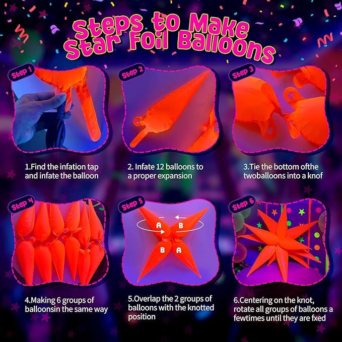 UV Neon Balloons, Glow in the Dark Party Supplies Neon Foil Explosion Star Balloon Kit Cone Balloons Glow in the Dark Birthday Decorations for Blacklight Party Decoration
