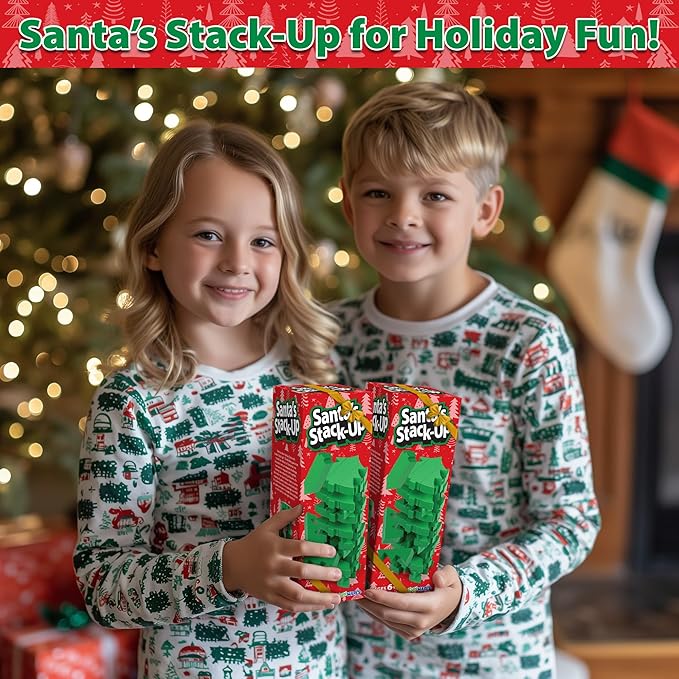 Funwares Christmas Tree Stack-Up, Wooden Blocks Stacking Game, Tumbling Tower, Family & Party Fun, Kids and Adults, Holiday Decoration, Ages 6+