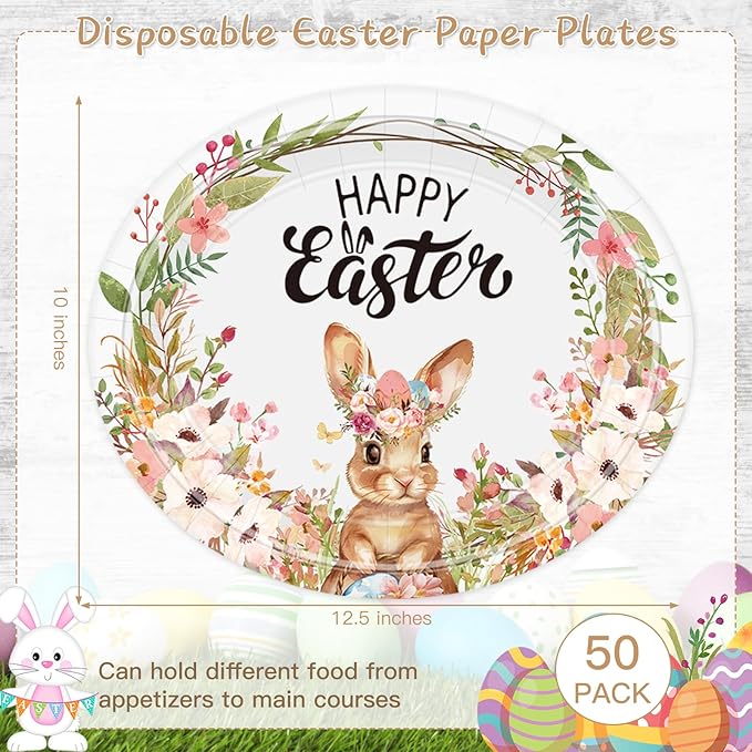 50Pcs Easter Plates, Large Disposable Oval Paper Plates, 10" X 12.5" Heavy Duty Party Food Plate, Happy Easter Plate Bunny Egg Flowers Tableware Dinnerware Set for Easter‘s Party Supplies