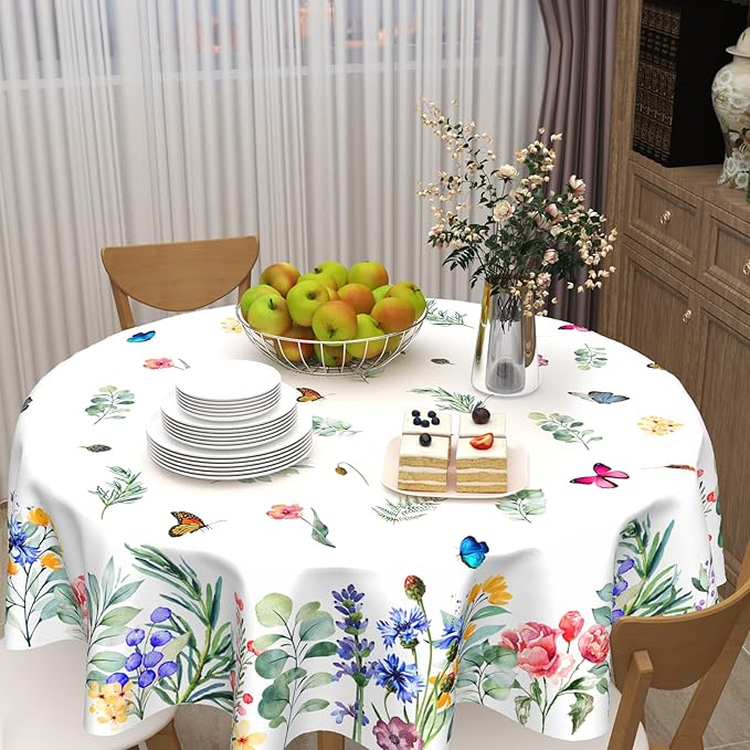 Spring Summer Floral Round Tablecloth 70 Inch Wildflower Butterfly Table Cloth Washable Farmhouse Table Covers Holiday Table Cover for Kitchen Party Dinner Decor