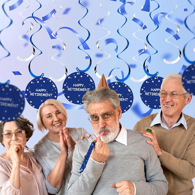 Retirement Party Decorations for Men Women Blue Silver Happy Retirement Banner Hanging Swirls Kit for Retire Party Decor Supplies