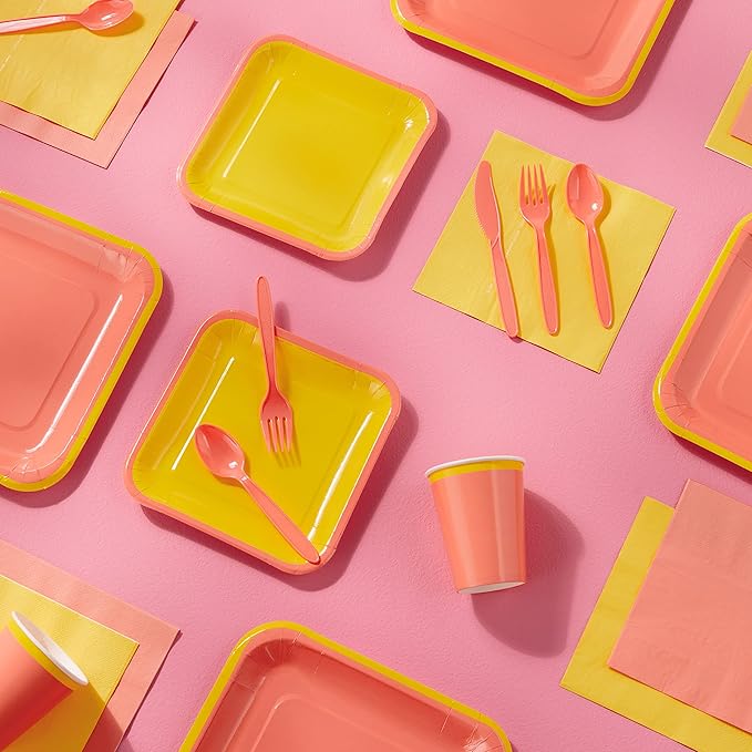 Crayola Color Pop Yellow and Orange Party Supplies (12 Dinner Plates, 12 Dessert Plates, 12 Paper Cups, 24 Napkins, 12 Sets of Plastic Cutlery) for Birthdays, Back to School, Halloween