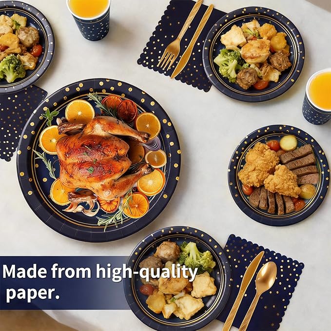 OuMuaMua Blue Paper Plates and Napkins Party Supplies for 24 Guests, 168 Pcs Navy Blue Disposable Plates with Utensils Set for Blue and Gold Graduation Retirement Birthday Party Decorations