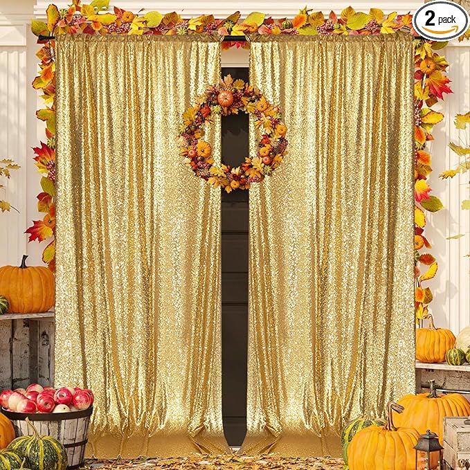 PartyDelight Gold Sequin Backdrop 5x10ft 2 Panels - High Density 3mm Shimmer Sequin Background Sparkly Photography Curtain for Wedding, Gala, Stage & Event Decor