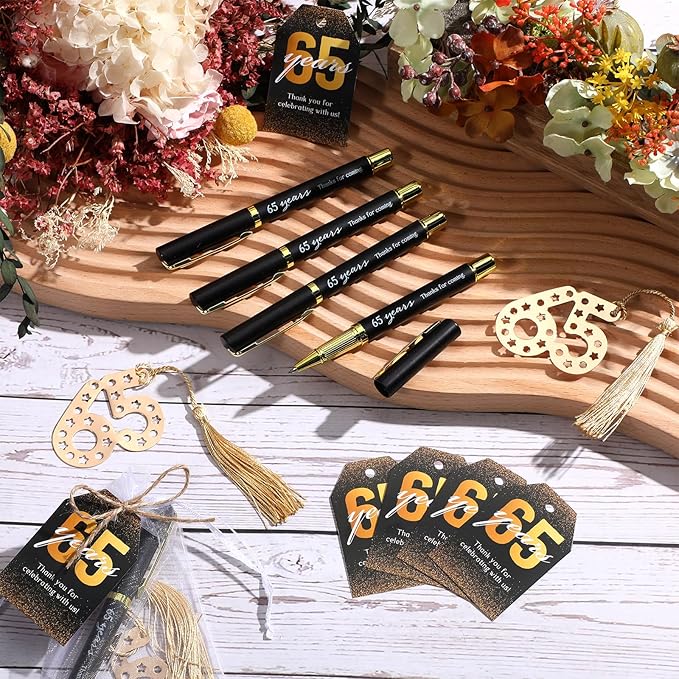Spakon 25 Set 65th Birthday Party Favor for Guest Anniversary Party Favor Golden Birthday Bookmark Thanks for Coming Pen with Tag Appreciation Gifts for Women Men Wedding New Year