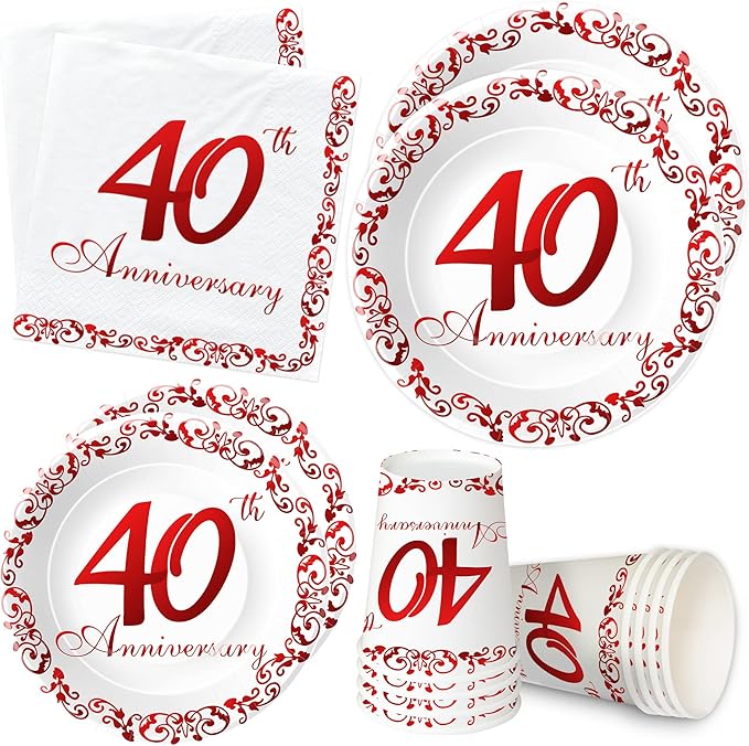 APOWBLS 40th Anniversary Plates And Cups Party Supplies - Ruby 40th Wedding Anniversary Decorations Dinnerware, Dinner Plate, Dessert Plates, Cups, Napkins | Serves 24