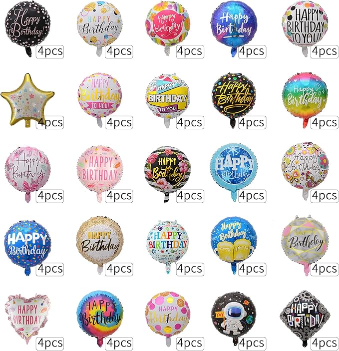 100Pcs Happy Birthday Balloon - Helium Foil Balloon for Birthday Party Decoration, with Ribbons, Suitable for Children, Adults, Anniversaries, Baby Showers(25 Style)