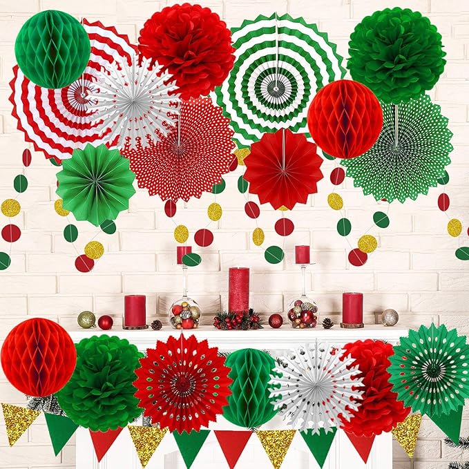 Christmas Party Decorations Paper Fans,Garlands String Circle Dot,Triangle Bunting Flags, Honeycomb Ball,Paper Tissue Pom Poms,Party Supplies for Christmas Birthday Wedding Baby Shower