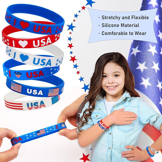 JUNEBRUSHS 42pcs 4th of July Party Favors Silicone Bracelets American Flag Red White and Blue Rubber Wristbands for Patriotic Independence Day Party Holiday Decorations Accessories Gift (6 Designs)