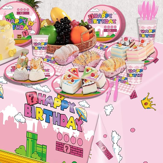 122Pcs Super Bros Peach Party Disposable Tableware Supplies Girls Princess Birthday Table Decoration Kit for 20-Guests Includes Banner, Tableloth, Plates, Cups, Napkins, Forks and Knives
