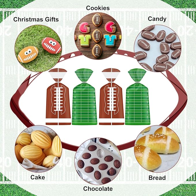 100 Pcs Football Goodie Bags - Brown Green Football Treat Bags, Plastic Rugby Sport Cellophane Snack Gift Candy Goody Bag with Silver Twist Ties for Sports Team Events Birthday Party Favors Supplies
