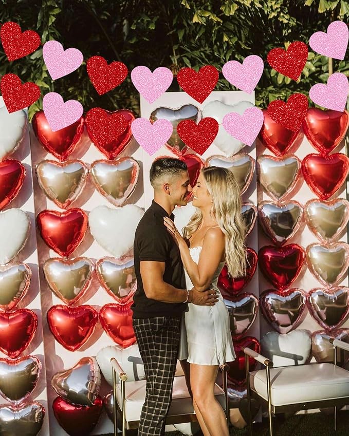 Glitter Red Pink Banner, 4 Strings Red Pink Shiny Heart Banners Sign for Celebrate Party Wedding Ceremonies Holiday Party Decorations