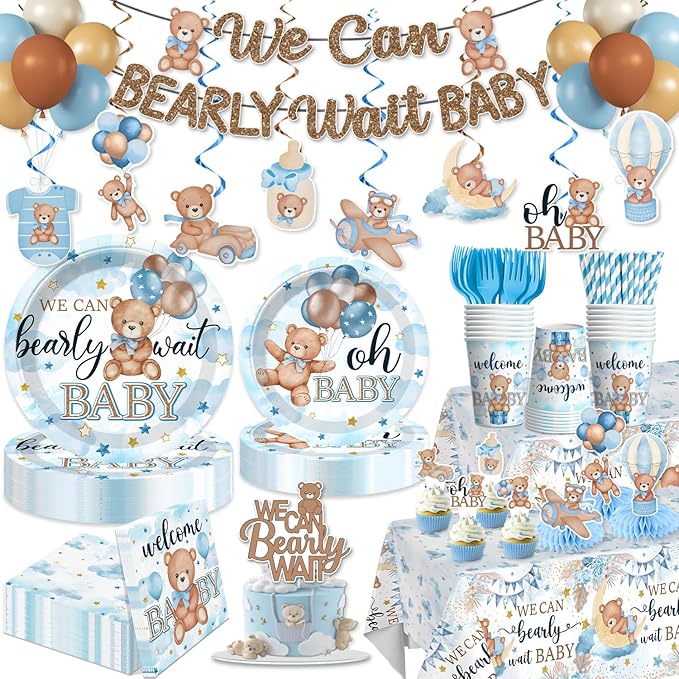 216PCS Blue Baby Shower Decorations Serves 25, Boy Baby Shower Include Banner, Plates, Balloons, Cake Topper and Tablecloths, for Baby Boy Shower Decorations