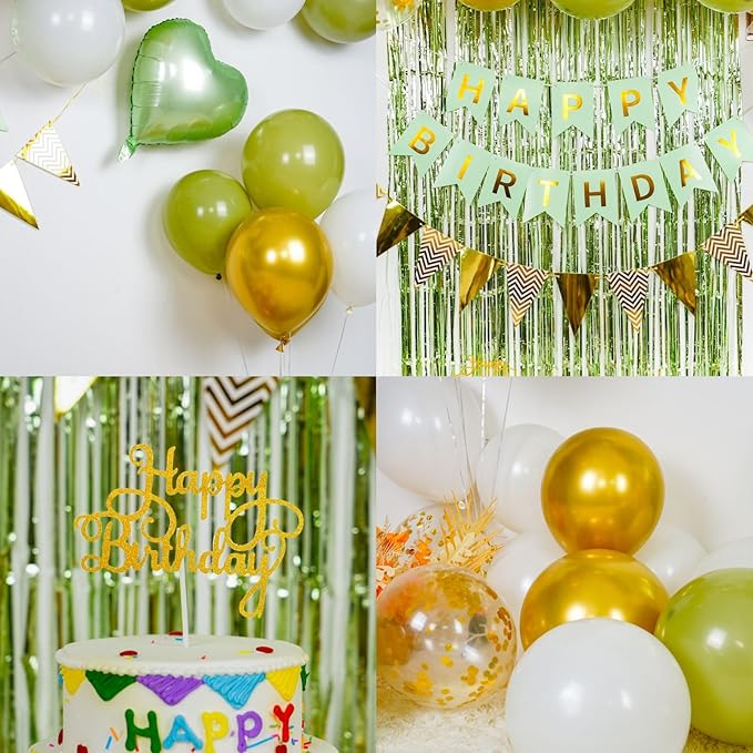 Sage Green Birthday Decorations - Party Decorations with Green, Gold, White Balloon Heart Foil Balloons, Olive Happy Birthday Banner Fringe Curtain for Women, Girls, Boys, Men, Adults