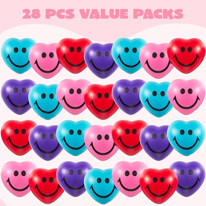 JOYIN 28 Packs Heart Shape Stress Ball with Cards Stress Relief Fidget Toy for Valentine Party Favors, Classroom Prize Supplies, Valentine’s Greeting Cards, Valentine Exchange Gifts