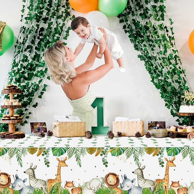 Staraise Jungle Safari Tablecloths,3Pcs Wild Animal Table Cover for Safari Baby Shower Decorations,Boys and Girl Birthday Party Sage Green Theme Party Supplies