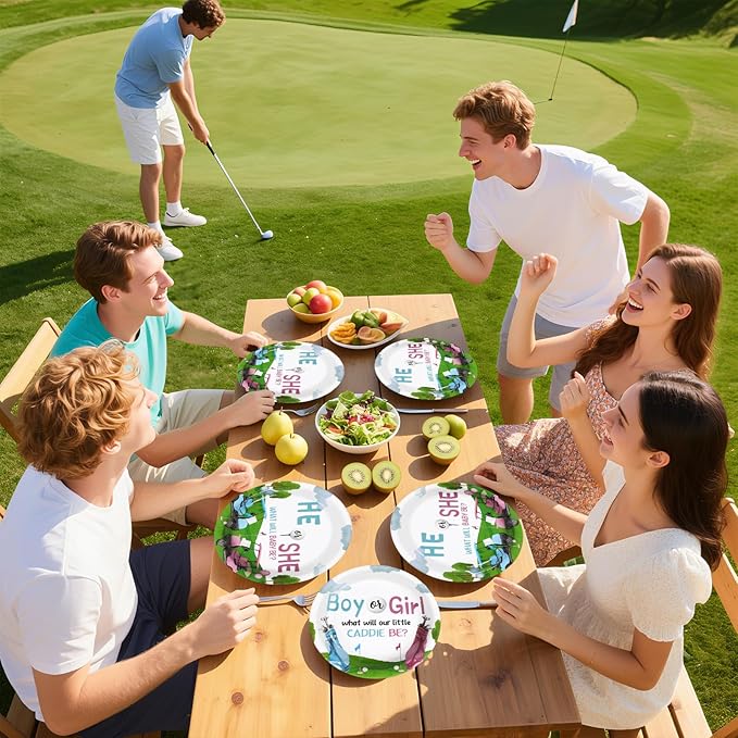 Grencian 96Pcs Golf Gender Reveal Party Supplies He She Theme Plates and Napkins Tableware Sets Pink and Blue Disposable Decoration for Baby Shower Newborn Pregnancy Boy Girl Birthday Party Serve 24