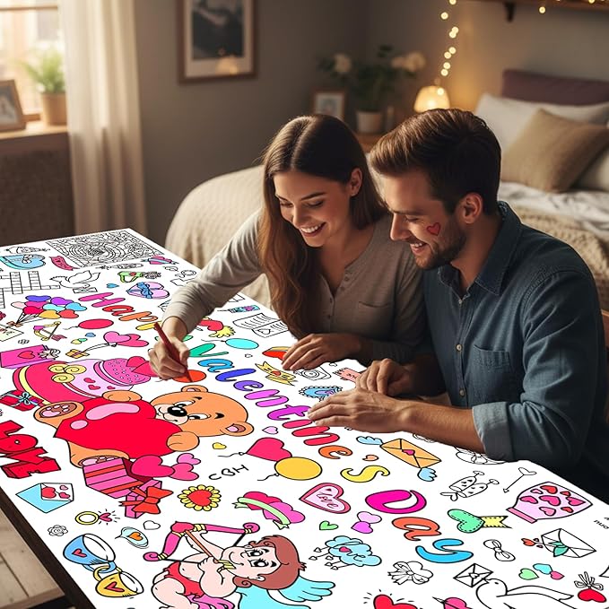 Valentine's Day Giant Coloring Poster,30x72 Inch Drawing Paper oloring Table Cloth,DIY Valentines Day Jumbo Activity Tablecloth Coloring Banner for Kids Art Home School Party Games Suppiles