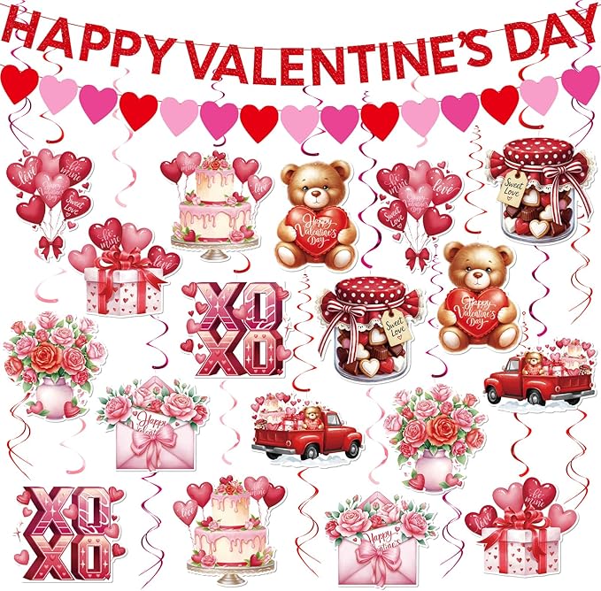 Valentines Day Decorations Set - Heartwarming Valentine's Day Banner & Hanging Swirls for Home, Office, Classroom Indoor, Anniversary & Valentine's Day Party Supplies