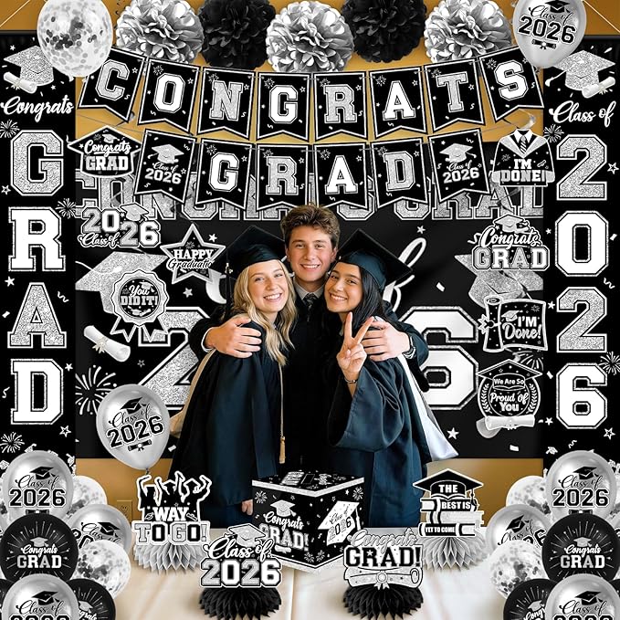 Black and Silver Graduation Decorations 2026 Set, All-in-1 Kit with Congrats Grad Banner Class of 2026 Backdrop Porch Sign Balloons Centerpieces Card Box Pom Poms Streamers for College High School