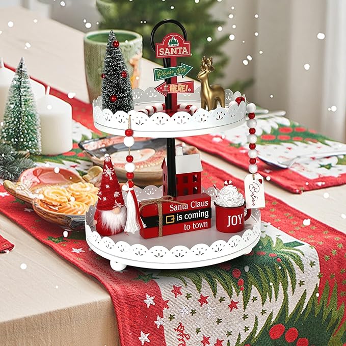 Christmas Decorations 8 PCS Tiered Tray Decor Set, Cute Tabletop Christmas Decor for Home Shelf Mantel Fireplace Office Desk Coffee Bar Xmas Table Centerpieces Tray Objects Holiday Decoration Set