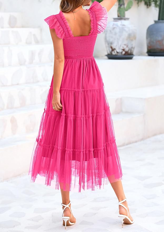 PRETTYGARDEN Women's Summer Tulle Midi Dress Sleeveless Smocked Ruffle Flowy Mesh Dresses Party Wedding Guest Sundress
