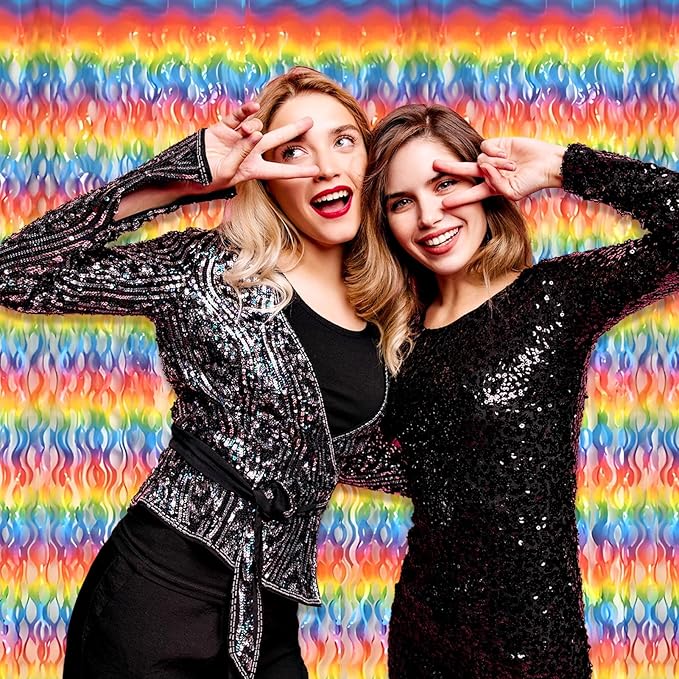 4 Pack Dark Rainbow Wave Foil Fringe Curtain Backdrop, 3.28Ft x 8.2Ft Metallic Tinsel Foil Fringe Streamer Curtains for Photo Booth, Mother's Day, Easter, Birthday, Wedding Party Decoration