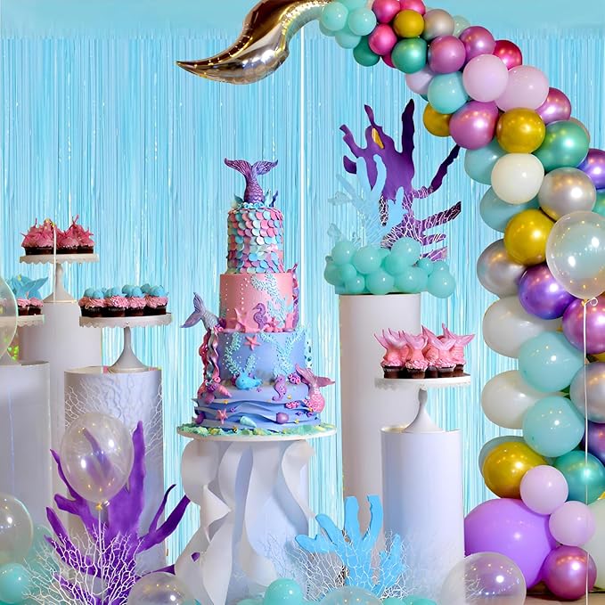 Valentines 2 Pack 3.3 * 8.3 ft Foil Curtain Metallic Tinsel Fringe Curtains Photo Booth Props Backdrop for Birthday Wedding Engagement Baby Christmas Holiday Celebration Party,Macaron Light Blue