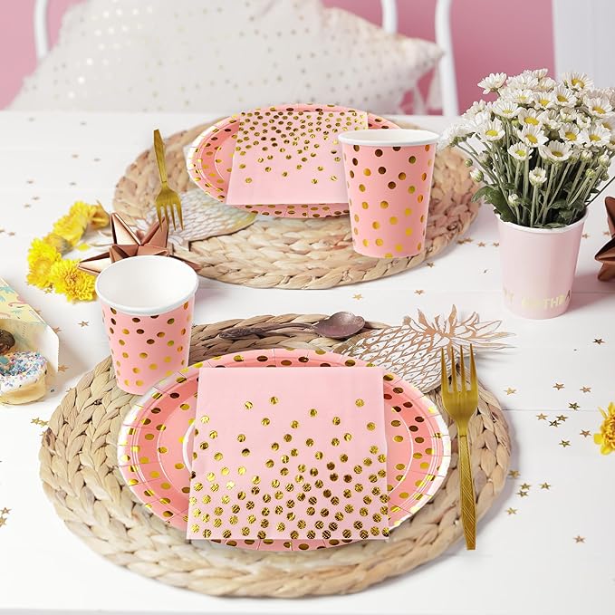 160 Pcs Pink And Gold Paper Plates(7 inches), Birthday Cake Party Plates And Napkins, Wedding Disposable Utensils Serves 40 (Pink)