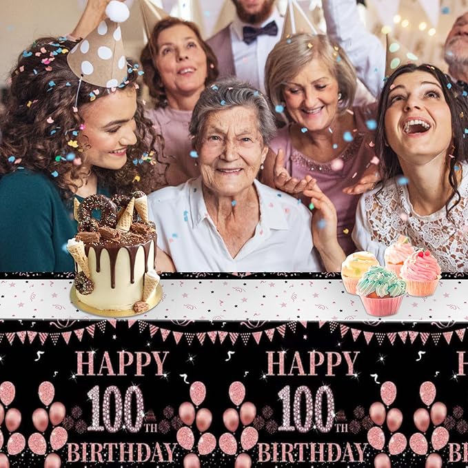 3 PCS Happy 100th Birthday Tablecloth for Women Black and Rose Gold Theme Decorations Plastic Disposable Table Decorations for Women Anniversary Celebration Party Supplies