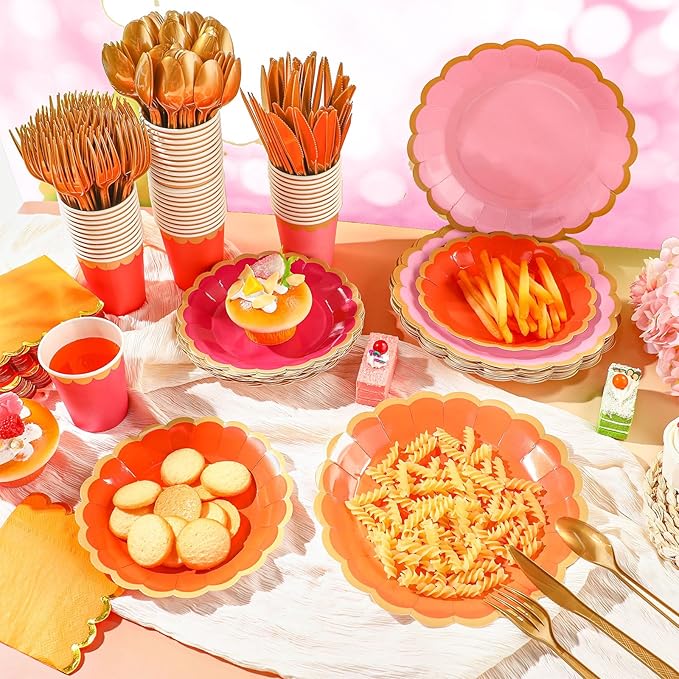 Mimorou 169 Pcs Pink and Orange Plates and Napkins Party Supplies for Guests Hot Pink Orange Tableware Include Scalloped Plates Paper Napkin Cup Spoon Fork Knife for Baby Shower, Wedding, Birthday