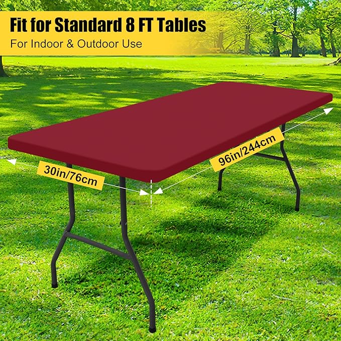 Smiry 2 Pack Rectangle Picnic Table Cloth, Waterproof Elastic Fitted Tablecloths, Washable Polyester Rectangular Patio Table Cover for Camping, Indoor and Outdoor (Wine Red, 30"x96")