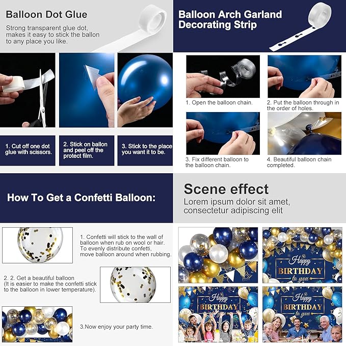 Tatuo Navy Blue Birthday Confetti Balloons Kit Set Photography Backdrop Banner Package for Boys Girls Men Women Birthday Party Decorations Supplies(Navy Blue and Gold)