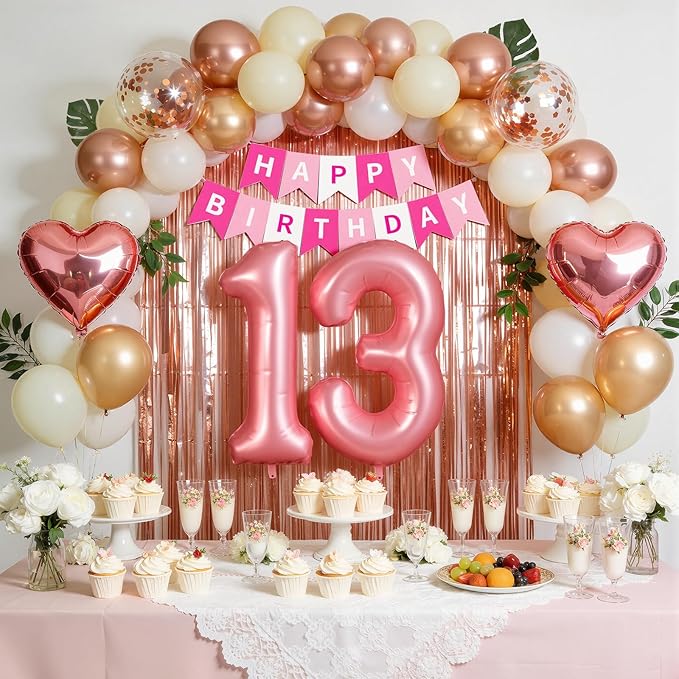 13th Birthday Decorations for Girls, Retro Pink Official Teenager Party Supplies Set with Happy 13th Banner, Number 13 Balloon and Foil Fringe Curtains